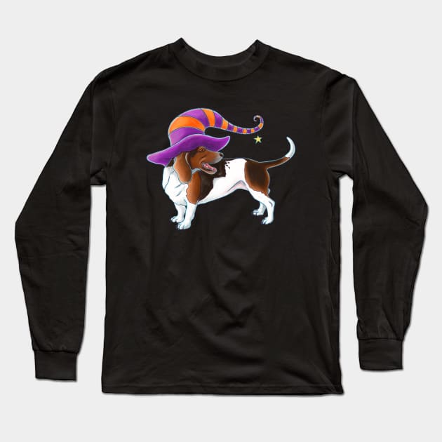 Basset Hound Halloween Witch Hat Long Sleeve T-Shirt by dragonstarart